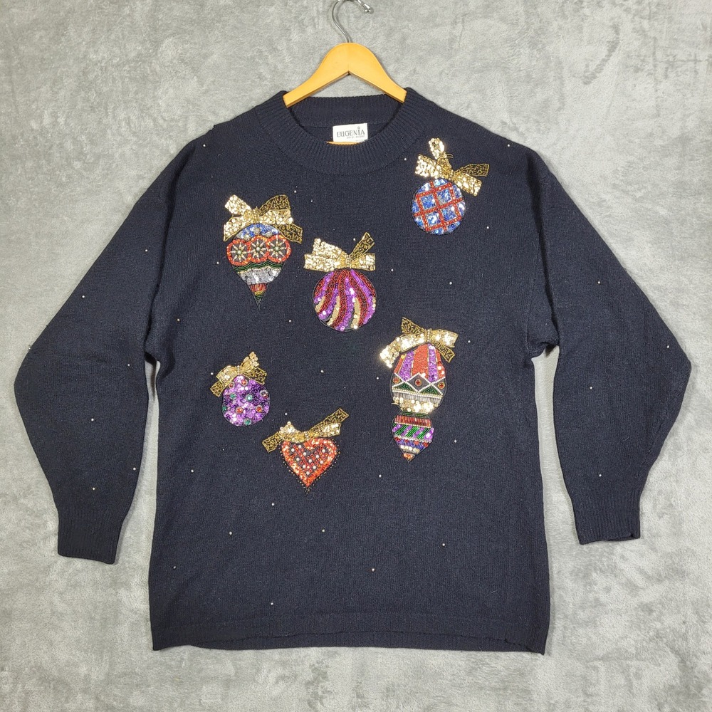EUGENIA BY ANGENIE Black 1X Christmas Sequin Ornament Sweater Lambswool Angora